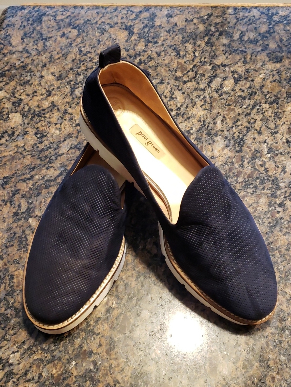 Paul Green Navy Perforated Leather Slip-On Loafers